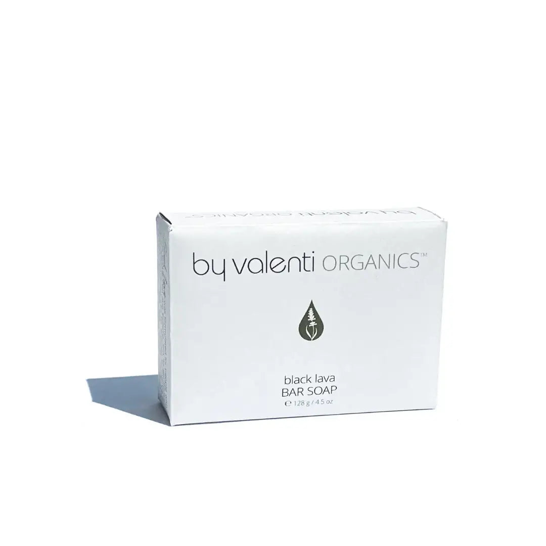 Box of by valenti Organics black lava bar soap on a white background