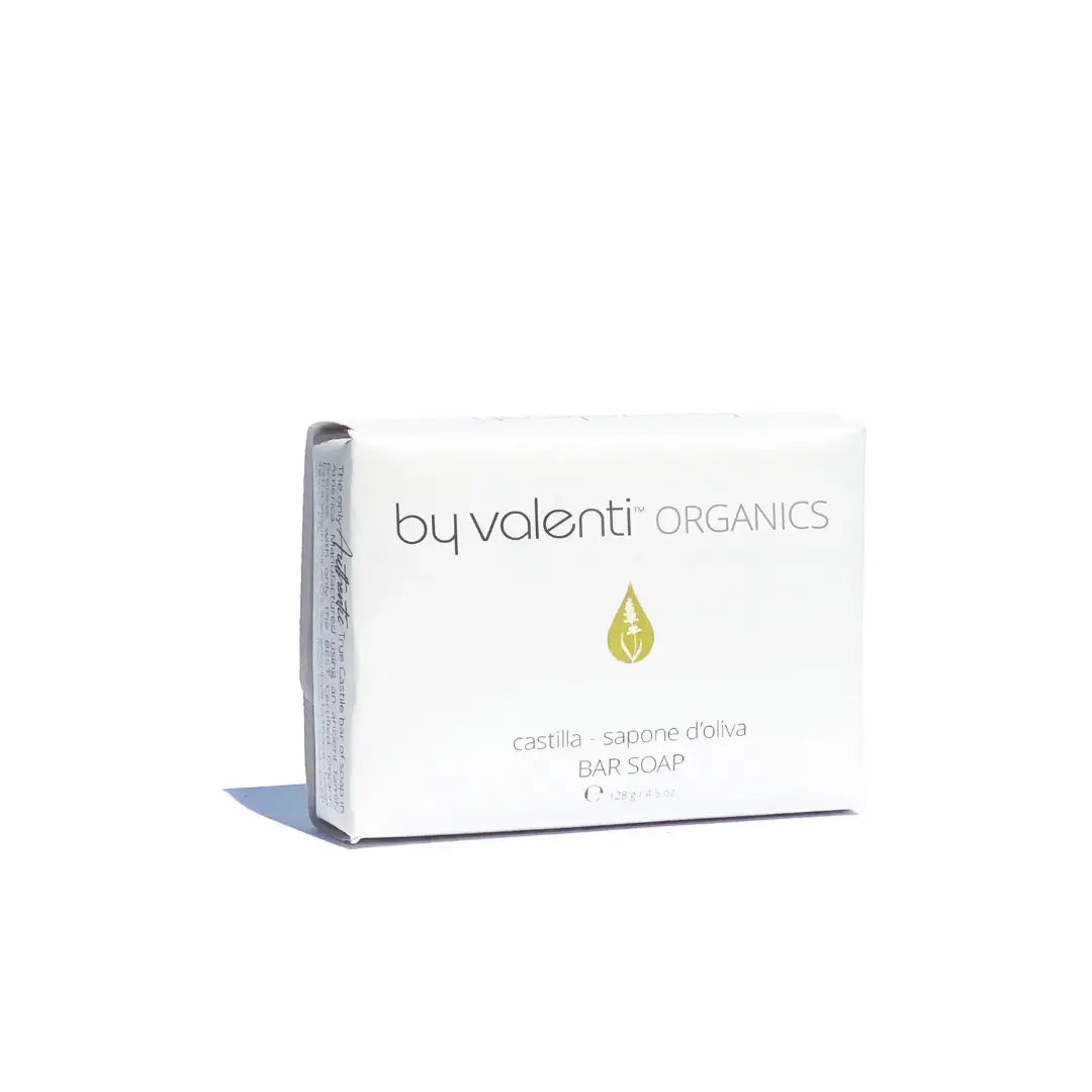 Box of by valenti Organics pure Castile bar soap on a white background