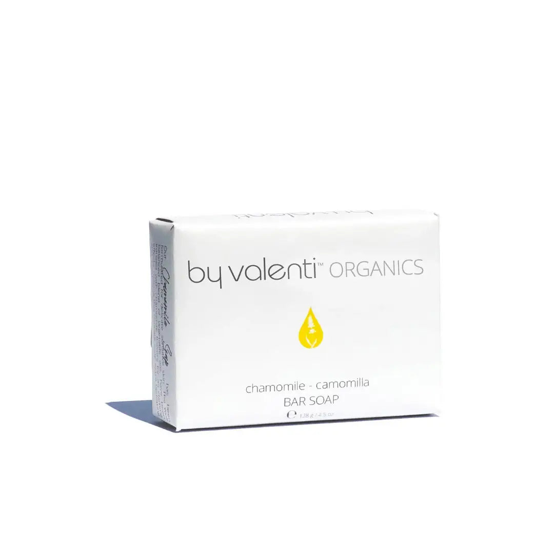 Box of 'by valenti Organics' chamomile camomilla bar soap on a white background