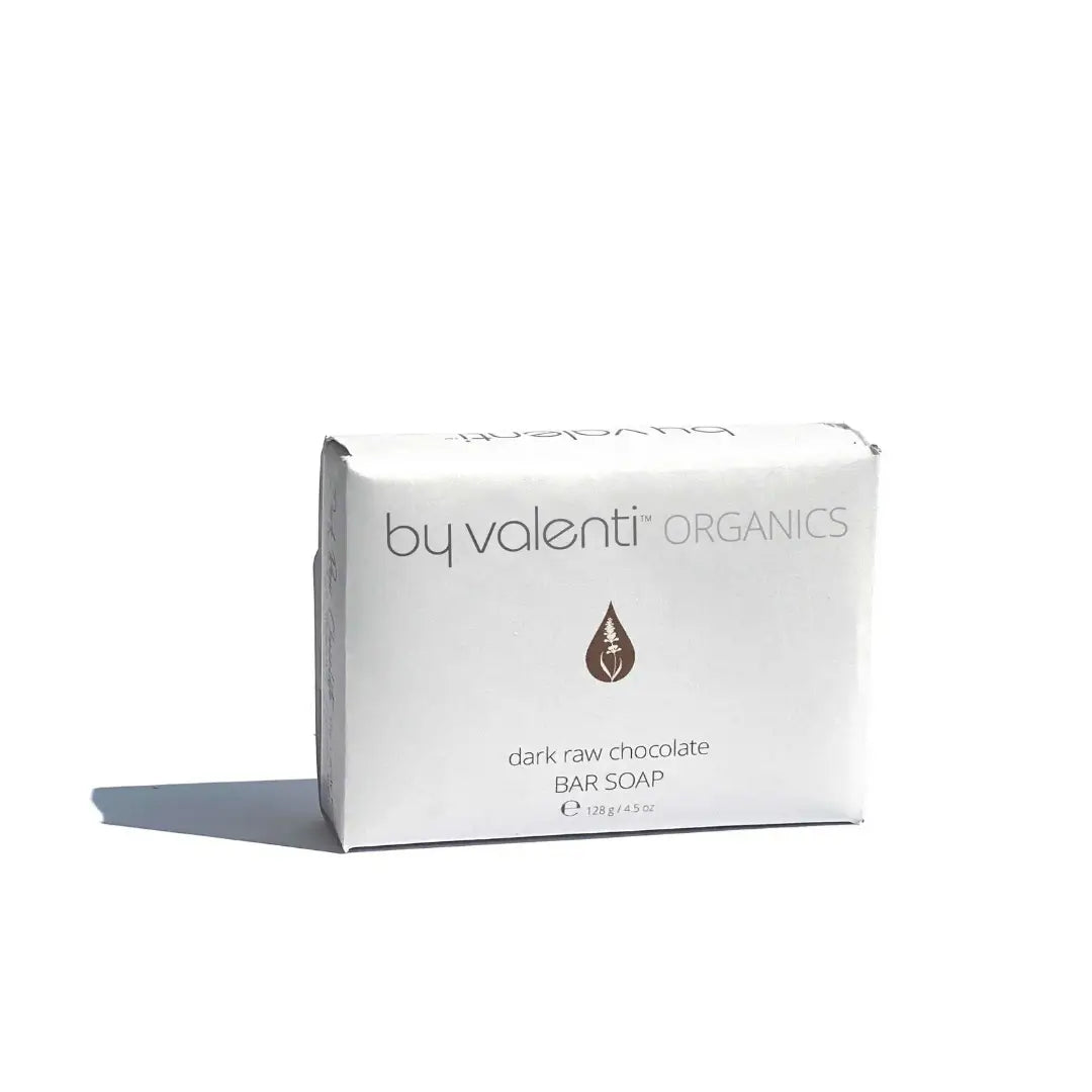 Box of By Valenti Dark Raw Chocolate bar soap on a white background