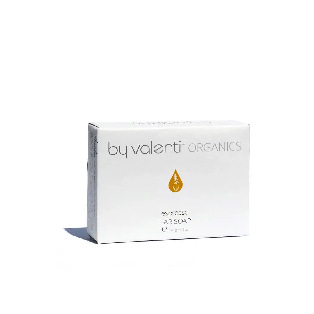 Box of by valenti Organics espresso bar soap on a white background