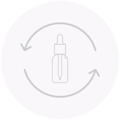 Outline of a dropper bottle with a circular arrow icon on a light gray background