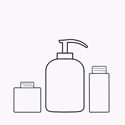 By Valenti outline of three different-sized bottles on a white background