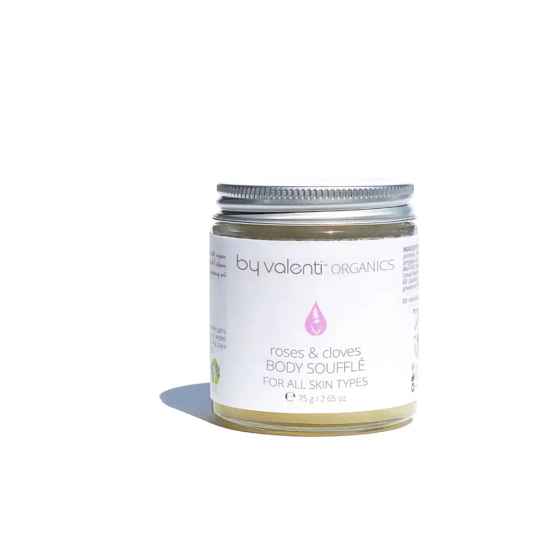 Glass jar of 'by valenti' Organics Roses & Cloves whipped body butter on a white background